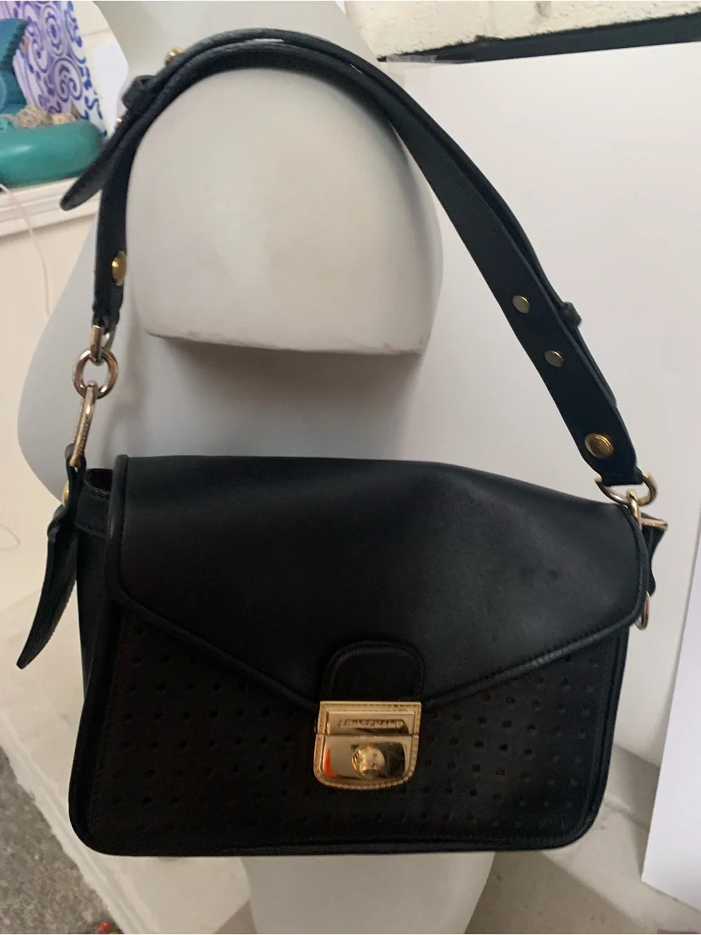 Black Longchamp  Leather Shoulder Bag with Gold Hardware